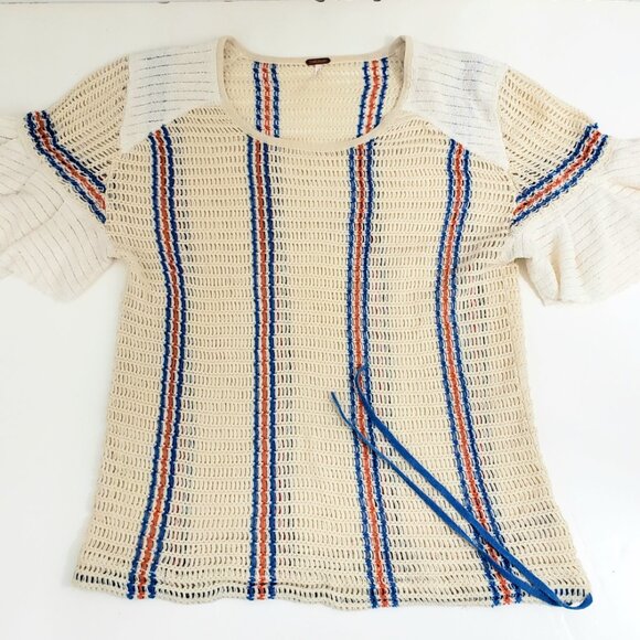 Free People Urban Outfitters Short Sleeve Knit Top LARGE Stripes Ruffled Sleeve - Picture 3 of 8